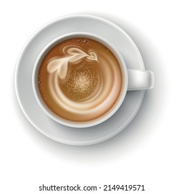 Realistic cappuccino cup top view. Hot coffee mockup