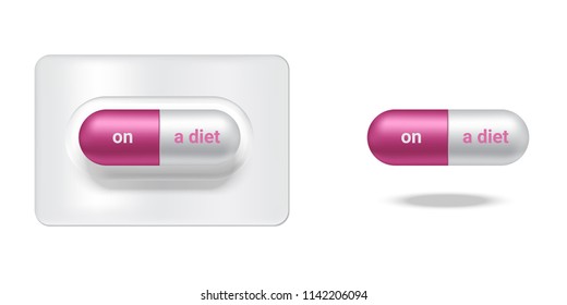Realistic Capsule or Pill Medicine With On a diet and Addict to Slim Body isolated Background.