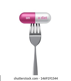 Realistic Capsule or Pill Medicine With On a diet and Fork. Addict to Slim Body isolated Background.