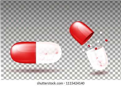 Realistic capsules on isolated background. Red vitamin tablets with granules. Prescription drugs. Capsule. Concept of health. Vector illustration. Health care medical.