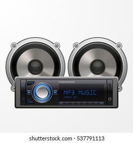 Realistic Car Audio Player and Speakers. Vector illustration, isolated on white