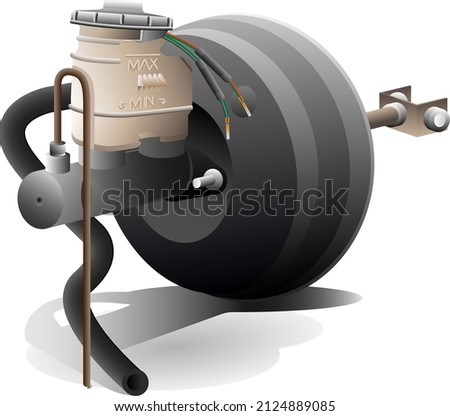 Realistic car brake booster with master cylinder and brake fluid reservoir container.