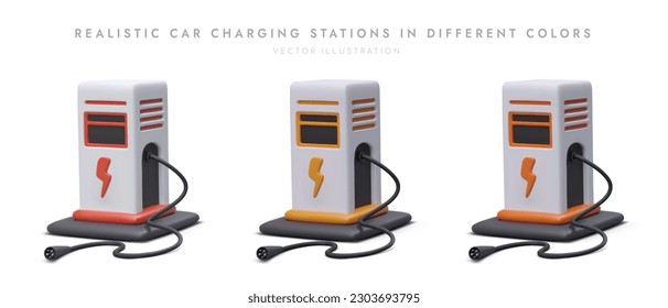 Realistic car charging stations in different colors. Isolated 3D drawings with shadows. Bright illustrations about maintenance of modern vehicles. Large battery charging service