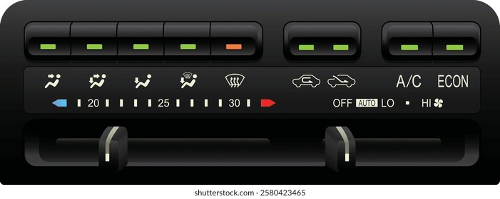 Realistic car climate control push type and slide type for temperature setting and 3 level manual fan speed with auto fan speed function included dual air compressor mode illustration vector.