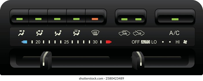 Realistic car climate control push type and slide type for temperature setting and 4 level manual fan speed with auto fan speed function included single air compressor mode illustration vector.