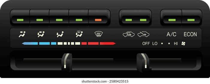 Realistic car climate control push type and slide type for temperature range setting and 4 level manual fan speed included dual air compressor mode illustration vector.