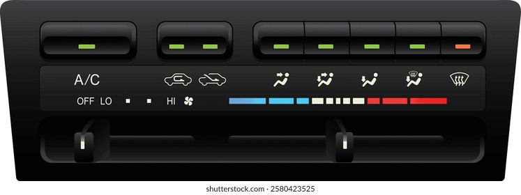 Realistic car climate control push type and slide type for temperature range control and 4 level manual fan speed with auto fan speed function included single air compressor mode illustration vector.