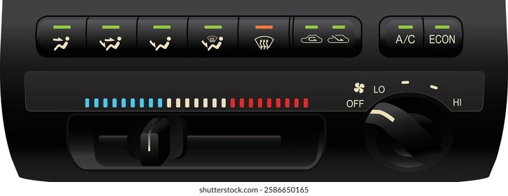 Realistic car climate control slide type cooler and heater and push type switch mode with dual air compressor operate mode switch  included 4 speed fan dial switch illustration vector.