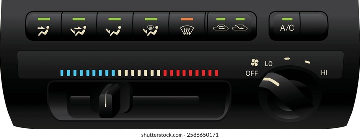 Realistic car climate control slide type cooler and heater and push type switch mode with single air compressor operate mode switch  included 4 fan speed dial switch illustration vector.