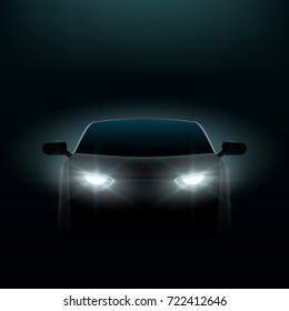 Realistic Car In The Dark. Front View. EPS10 Vector