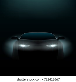 Realistic Car In The Dark. Front View. EPS10 Vector