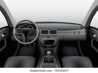 Realistic Car Dark Interior With Dashboard Windshield And Steering Wheel Vector Illustration