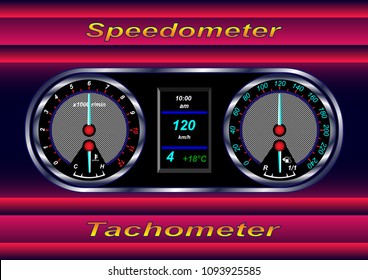 realistic car dashboard, speedometer and tachometer, digital display. Vector Illustration