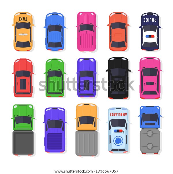 Realistic car\
design isolated on white background. Set of cars and trucks top\
view in flat style. Vehicles driving in the city and service\
transport. Vector illustration, eps\
10.
