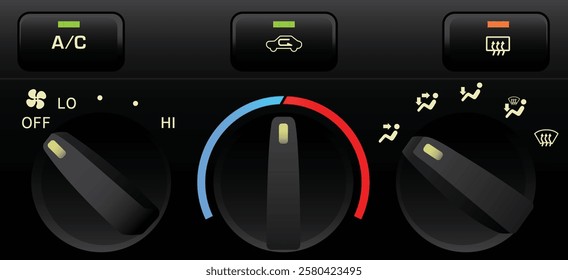 Realistic car electronic climate control three dial knob type for temperature setting fan speed control and mode control with rear defogger air circulation and ac power push type illustration vector.