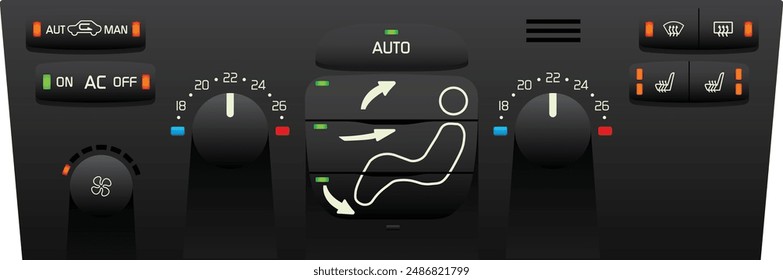 Realistic car electronic control automatic dual zone climate control panel with dual front heat seat control includes automatic air regulation function illustration vector.