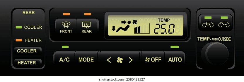 Realistic car electronics auto climate control push type and dial for temperature setting included rear heater and cooler control function included LCD display in yellow themed illustration vector.