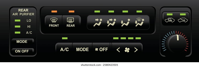 Realistic car electronics climate control push type and dial for temperature setting with rear air conditioning control function without auto operating function illustration vector.