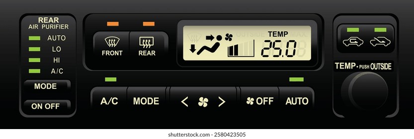 Realistic car electronics climate control push type and dial for temperature setting with rear air conditioning control function with auto operating function and LCD display illustration vector.