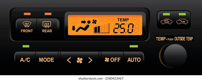 Realistic car electronics fully automatic climate control push type and dial for temperature setting with LCD function display in orange sport themed illustration vector.