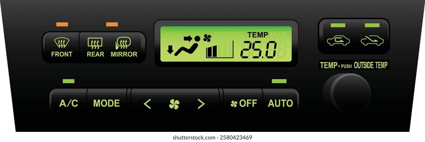 Realistic car electronics fully automatic climate control push type and dial for temperature setting with LCD function display in green themed lighting included heated wing mirror illustration vector.