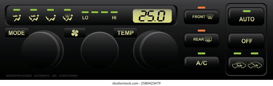 Realistic car electronics fully automatic climate control push type and three big dial for temperature setting fan and mode with small digit LCD function display illustration vector.