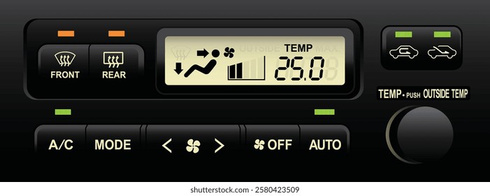 Realistic car electronics fully automatic climate control push type and dial for temperature setting with LCD function display illustration vector.