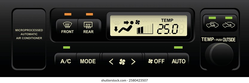 Realistic car electronics fully microprocessed controlled automatic climate control push type and dial for temperature setting with LCD function display illustration vector.