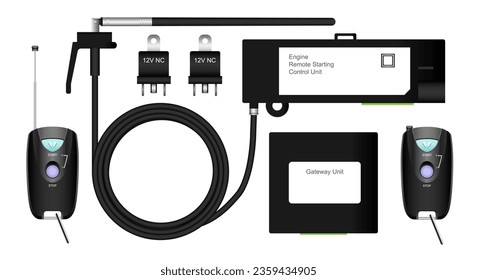 Realistic car engine remote starting and stopping install kit included control module with normal close relay and gateway module and also included antenna illustration vector.