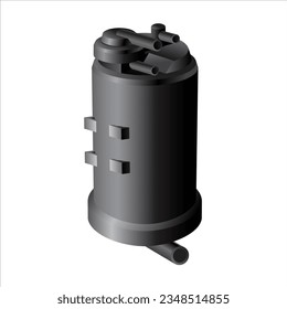 Realistic car evaporative canister in emission control system called charcoal canister with safety valve and bracket mounting support illustration vector.