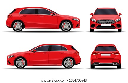 realistic car. hatchback. front view, side view, back view.