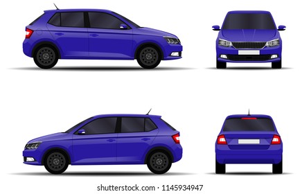 realistic car. hatchback. front view, side view, back view.