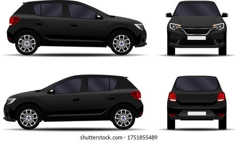 realistic car. hatchback. front view, side view, back view.
