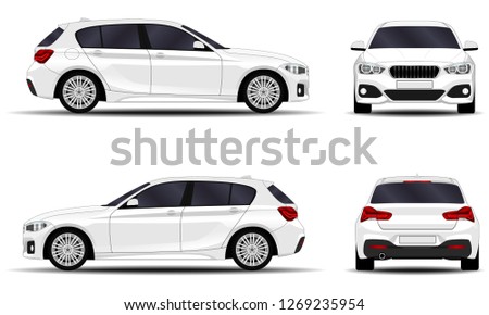 realistic car. hatchback. front view, side view, back view.