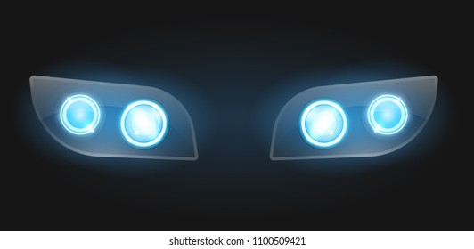 Realistic car headlight isolated on black background. Vector 3d illustration.