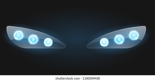 Realistic car headlight isolated on black background. Vector 3d illustration.