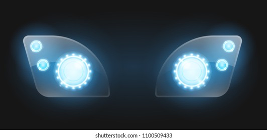 Realistic car headlight isolated on black background. Vector 3d illustration.