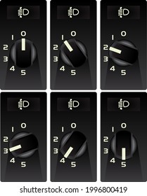 Realistic car headlight range selector dial knob in six level switch condition illustration vector.