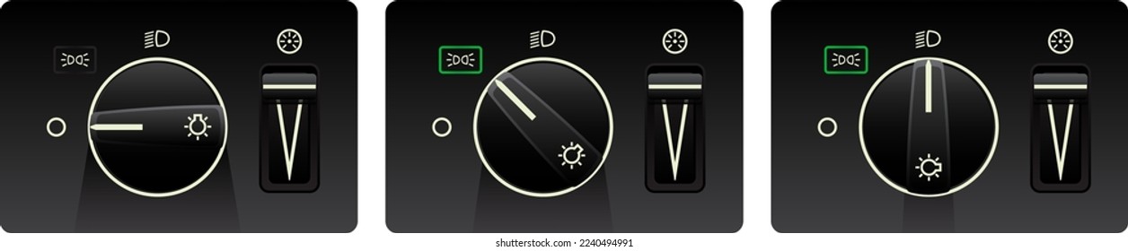 Realistic car headlight switch in off, low beam and dipped beam condition with dimmer switch and illumination illustration vector.