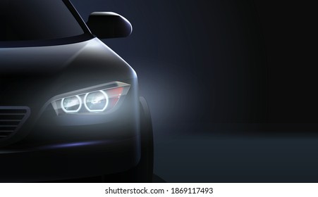 Realistic car headlights AD composition high class status car in the dark vector illustration