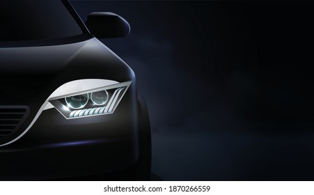 Realistic car headlights AD composition and headlights with green and purple illumination vector illustration