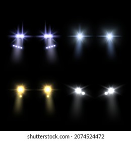 Realistic car headlights. Bright round cars headlight, front light flares and blur shadows effect. Automobile glow beams in night, driving transport in dark. Vector isolated set