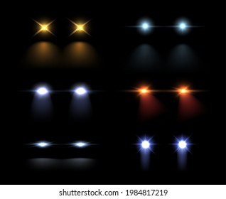Realistic car headlights. Front light beams, transparent bright glowing light rays, night road light effects. Vector image.