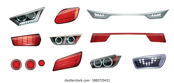 Realistic car headlights realistic icon set front and rear lights in red and white vector illustration