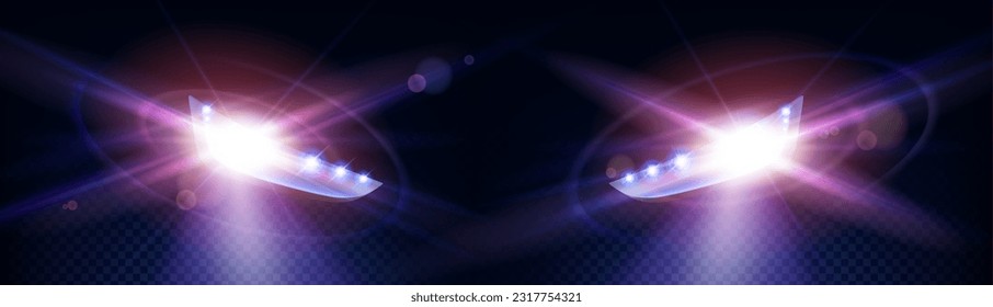 Realistic car headlights on transparent background. Vector illustration of auto headlamps shining bright, illuminating dark road, led or xenon lights glowing in at night. Vehicle design elements