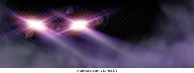 Realistic car headlights shining in fog on transparent background. Vector illustration of auto headlamps illuminating dark road, led or xenon lights glowing in night city smog. Vehicle design elements