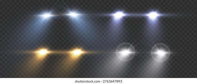 Realistic car headlights. Train front light beams, transparent bright glowing light rays, night road light effects. Vector 3d led lights

