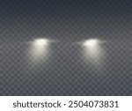 Realistic car headlights. Train moving effect, vector bright lights on transparent background png.	