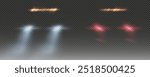 Realistic car headlights. Train moving effect, vector bright lights on transparent background png.	