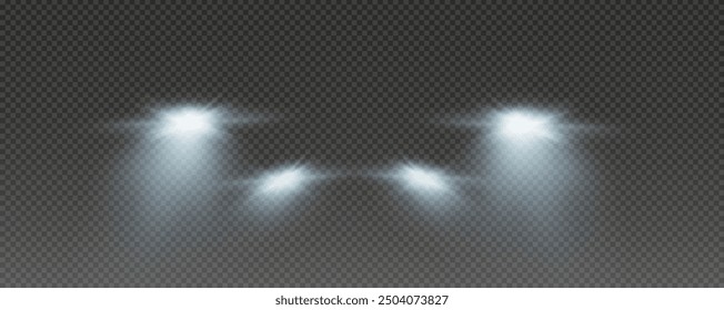 Realistic car headlights. Train moving effect, vector bright lights on transparent background png.	